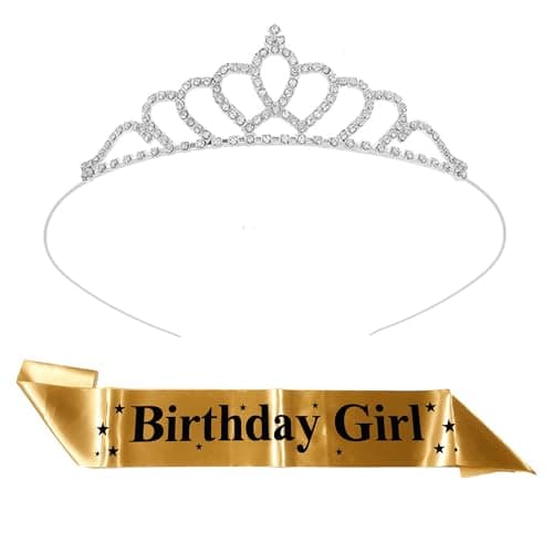 Curated Cart Queen Crown and Gold Satin Birthday Girl Sash Set - Elegant Silver Tiara with Gold Birthday Girl Sash for Women and Girls, Perfect for Parties, Pageants, and Special Occasions