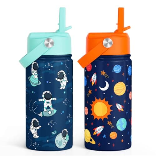 Kid Water Bottle 12oz with Straw Lid - 2-Pack Insulated Stainless Steel Water Bottles for Kids Boys Girls - Travel Cup for School Sports, Outer Space & Astronaut
