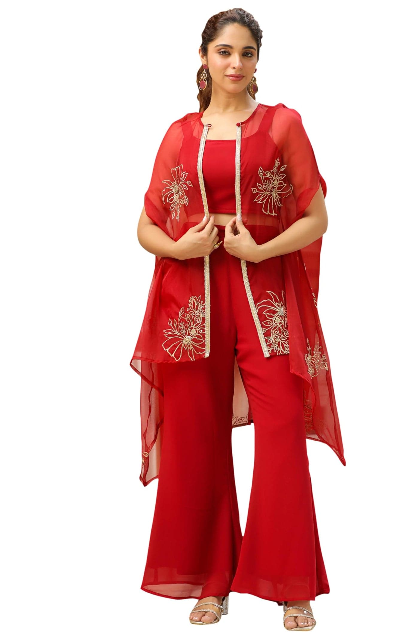 Janasya Women's Maroon Georgette Zari Embroidered Crop Top with Pant & Cape Set (JAB24ST00712-XXL)
