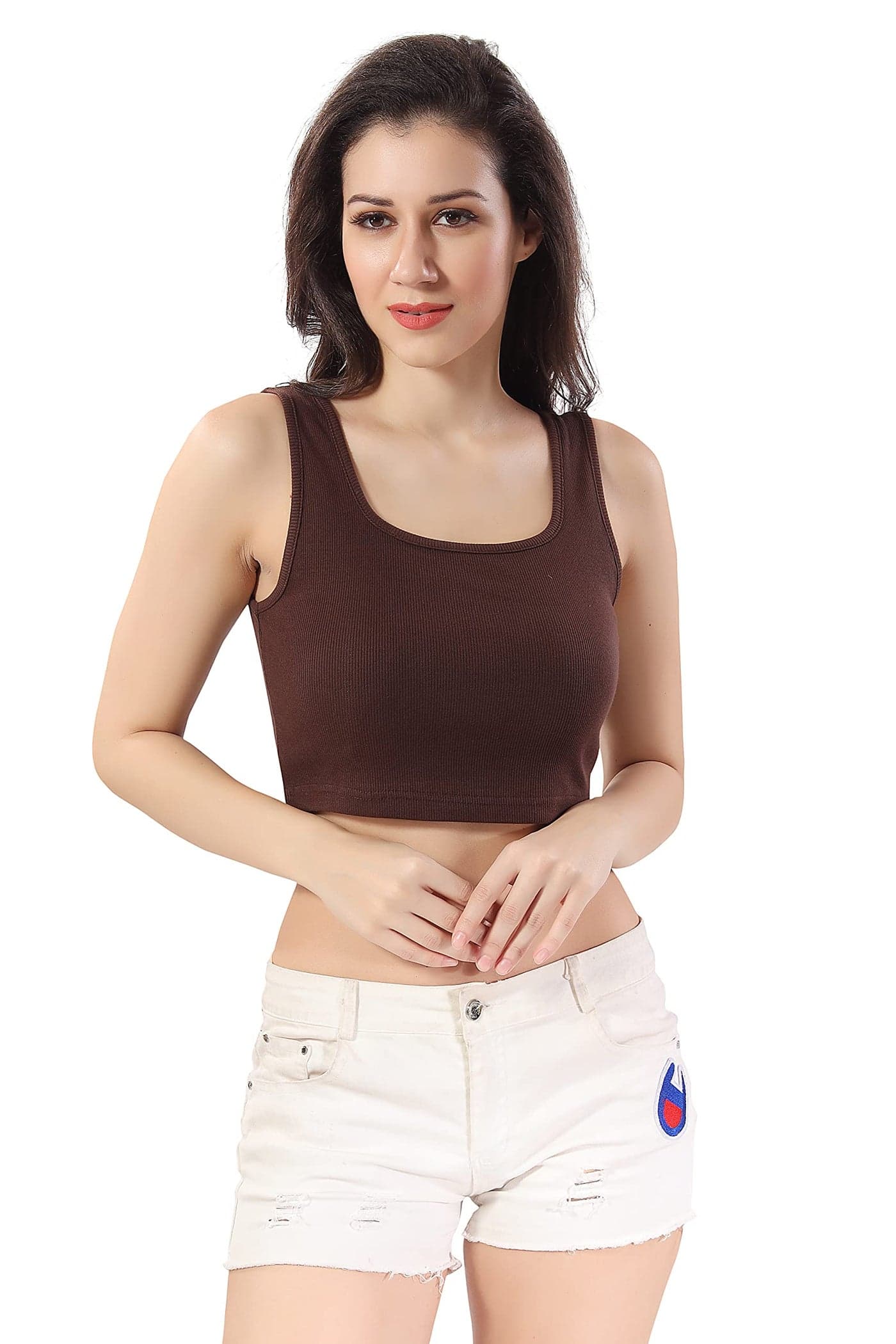 TRASA Women 100% Cotton Slim Fit Sleeveless Rib Knitted Racer Back Tank Tops Square Neck Crop Tops - Brown - 2Xl