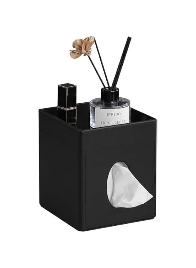 PU Leather Square Tissue Box Cover, Tissue Box Holder with Storage Tray for Bathroom Vanity Countertop Night Stands Bedroom Office Desk, Tissue and Remote Control Holder, Retro (Black)