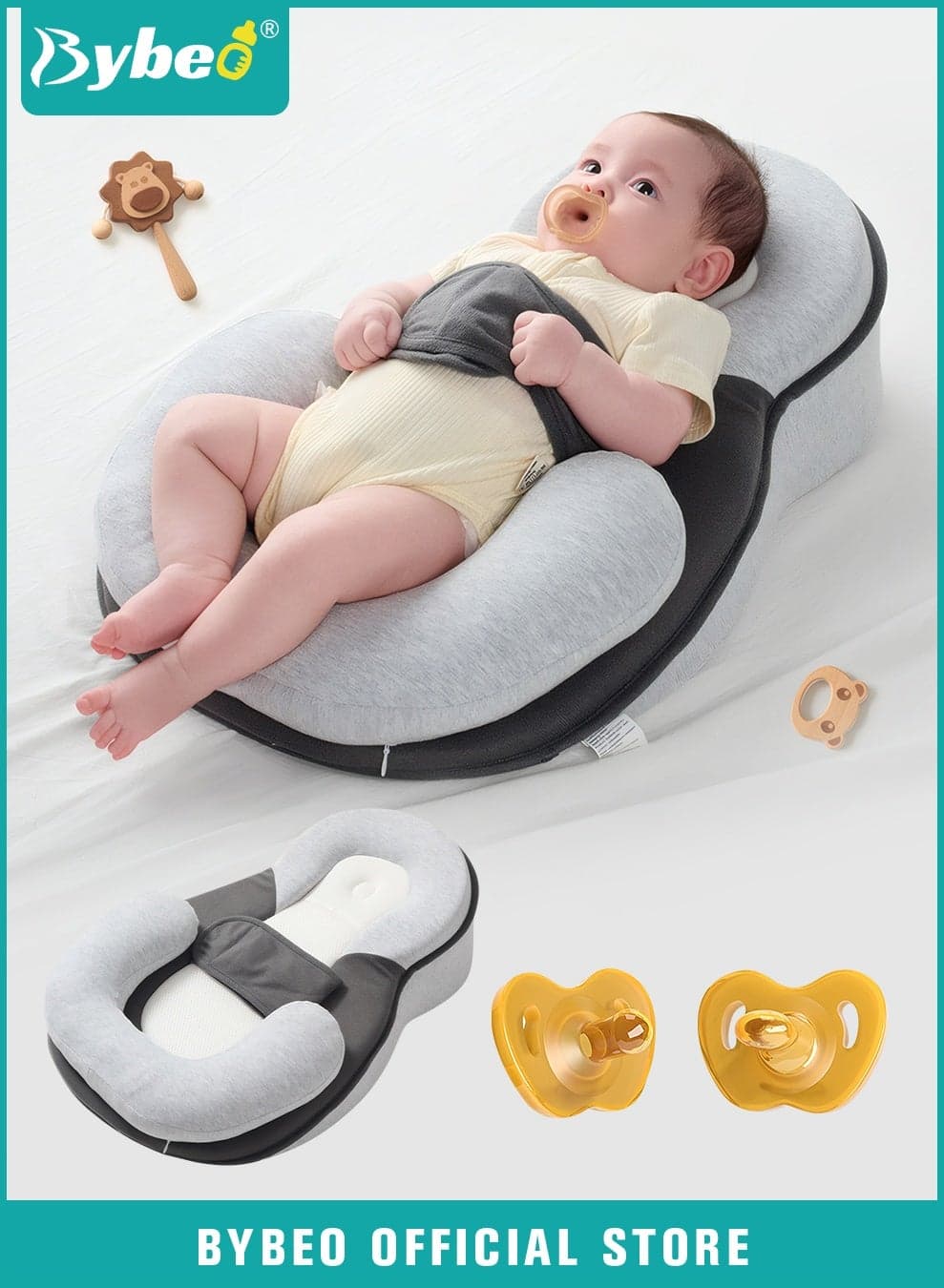 Baby Wedge Pillow + 2-Piece Pacifier Set, Baby Lounger Pillow, Baby Feeding Support Pillow, Newborn Nursing Pillow, Infant Head Shaping Pillow for Reducing Spit-Up, Bottle Feeding, Head Shaping