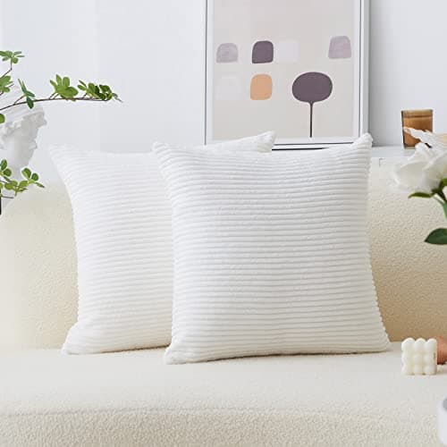 Home Brilliant White Euro Shams Set of 2 24x24 Throw Pillow Covers Summer Decoration Striped Velvet Corduroy Euro Throw Pillow Sham Couch Cushion Cover for Teen Girls, 24 x 24 inch, Creamy White