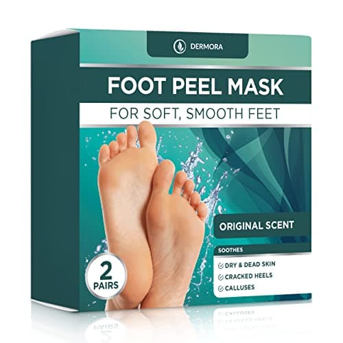 DERMORA Foot Peel Mask - Exfoliating Foot Peeling Mask for Dry, Cracked Feet, At-Home Spa Care, Callus Removal & Smoother Skin Result, 2 Pairs Regular Size (Fits up to Woman 11, Men 10) Peach Scent