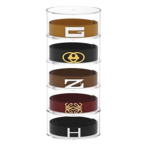 FEMELI Belt Organizer, Acrylic Belt Storage Holder for Closet & Drawer, 5-Layer Stackable Display Case for Belts, Watches, Jewelry and Ties