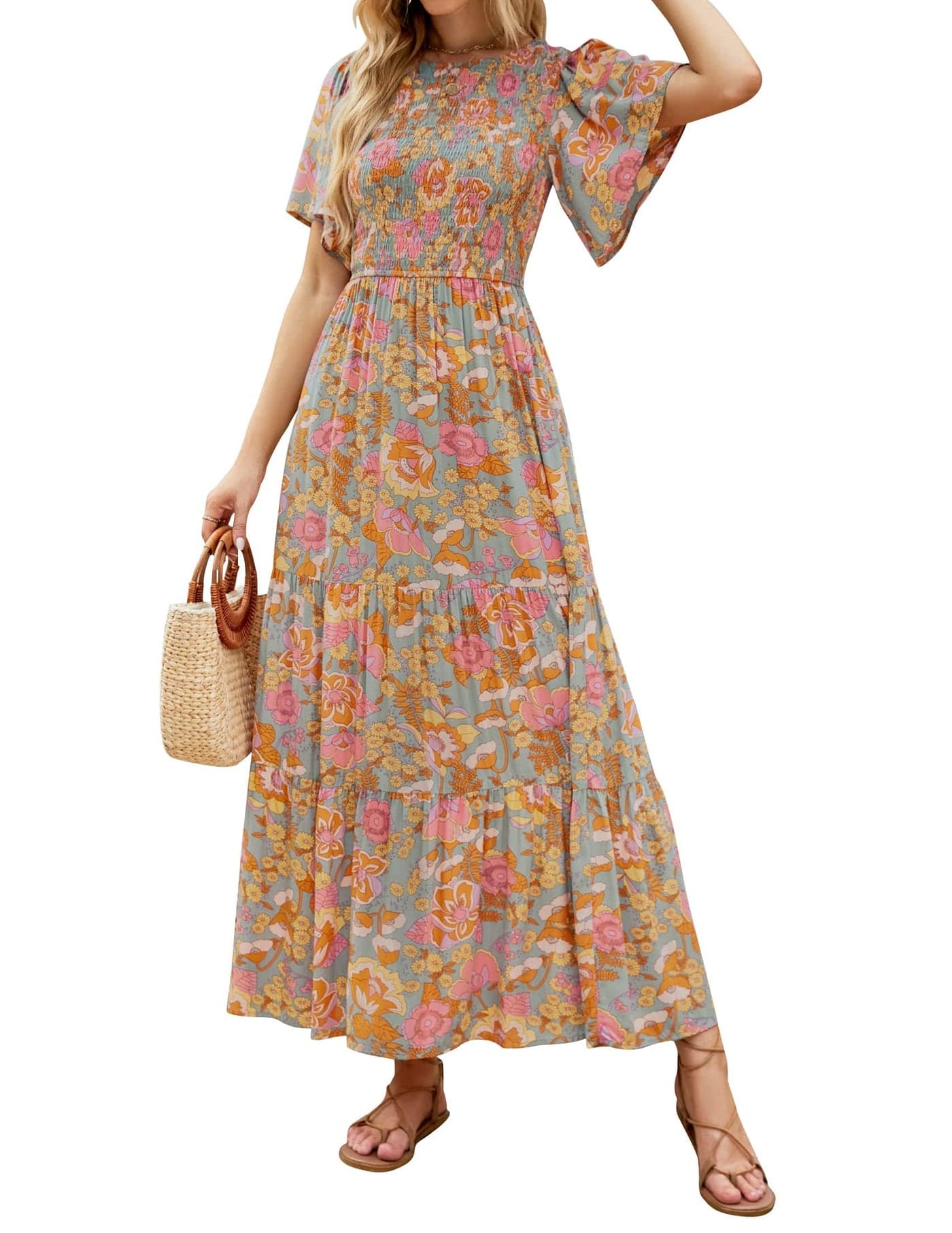 ZESICA Women's 2025 Summer Casual Floral Print Short Flutter Sleeve Crew Neck Smocked High Waist Flowy Maxi Dress,GreyGreen,Small