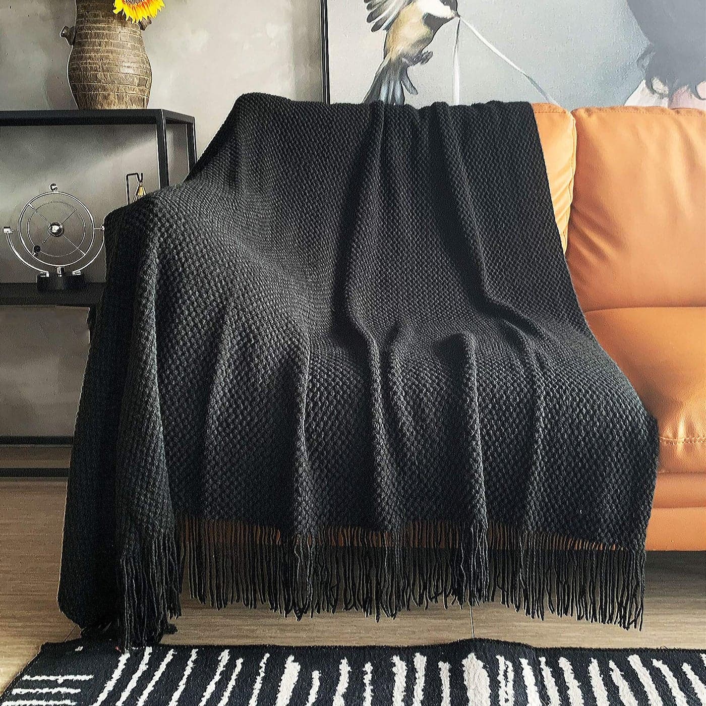 LOMAO Knitted Throw Blanket with Tassels Bubble Textured Lightweight Throws for Couch Cover Home Decor Black 50x60