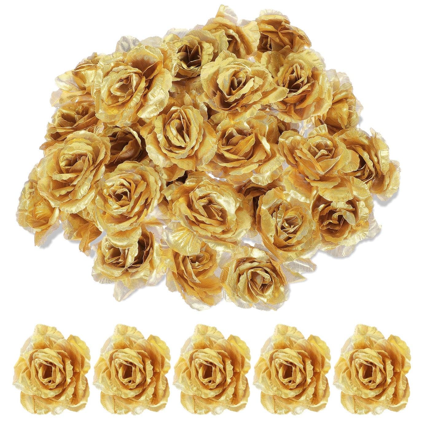 Psyqtsuary Gold Roses Artificial Flowers 30 Pcs Fake Silk Gold Flowers Real Looking Faux Blossom Rose Flower Head for Wedding Bouquet Party Decor DIY Crafts Floral Arrangements