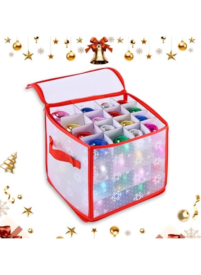 Christmas Ornament Storage Box with 64 Compartments, Each 7.5 cm, Zippered Snowflake Design Bauble Organizer with Handles, 12 Inch Vinyl Plastic Decoration Box for Baubles (Snowflake)