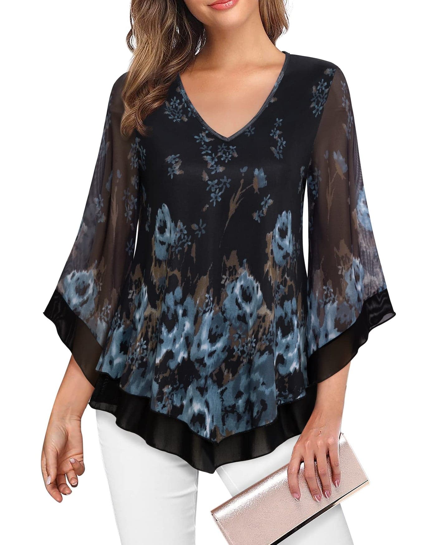 Lotusmile Dressy Tunic Tops for Women, Elegant Blouses for Women Evening Party Skin-Friendly Double Layers Ladies Dress Blouses for Work Overlay Tops Leggings Shirts for Women, Floral Blue Medium