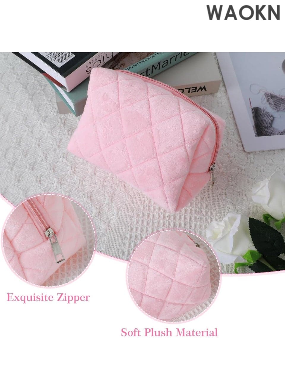 Cosmetics Bag, Small Fluffy Makeup Bag, Pink Checkered Cosmetic Travel Bags for Women, Cute Trendy Skincare Bags for Toiletry and Makeup Storage, Compact Makeup Travel Bag Toiletry Bags