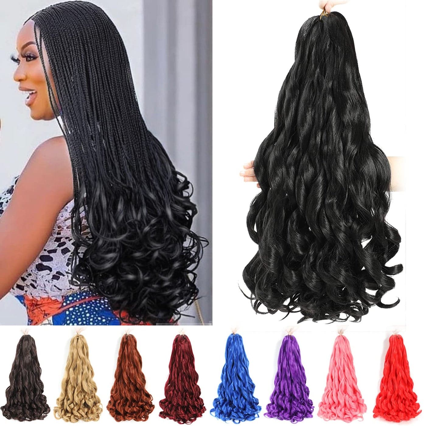 French Curly Braiding Hair 24 Inch 8 Packs Pre Stretched Bouncy Braiding Hair Loose Wavy Braiding Hair Synthetic Hair Extensions for Black Women 24 inch 8 packs 1B