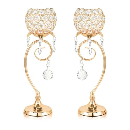2 ps K9 Crystal tealight Candle Holder/Candlestick/Candelabra for Table Centerpieces,Wedding/Party/Event Decor,Home Decor,Gift for Mon/Friends (Golden)