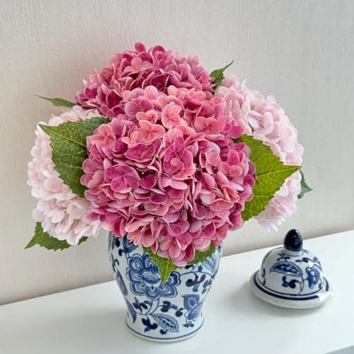ZYTUYO 4 Pcs Real Touch MagentaPink Hydrangeas Artificial Flower 21 inches Realistic Faux Latex Hydrangeas Flower for Home Decor Kitchen Living Room Spring Table Wedding Xmas Arrangement