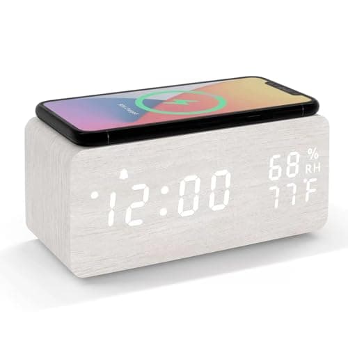 Lancoon Wooden LED Alarm Clock with Wireless Charging Temperature and Humidity Display Calendar Adjustable Brightness Sound Control for Bedroom Home Office White