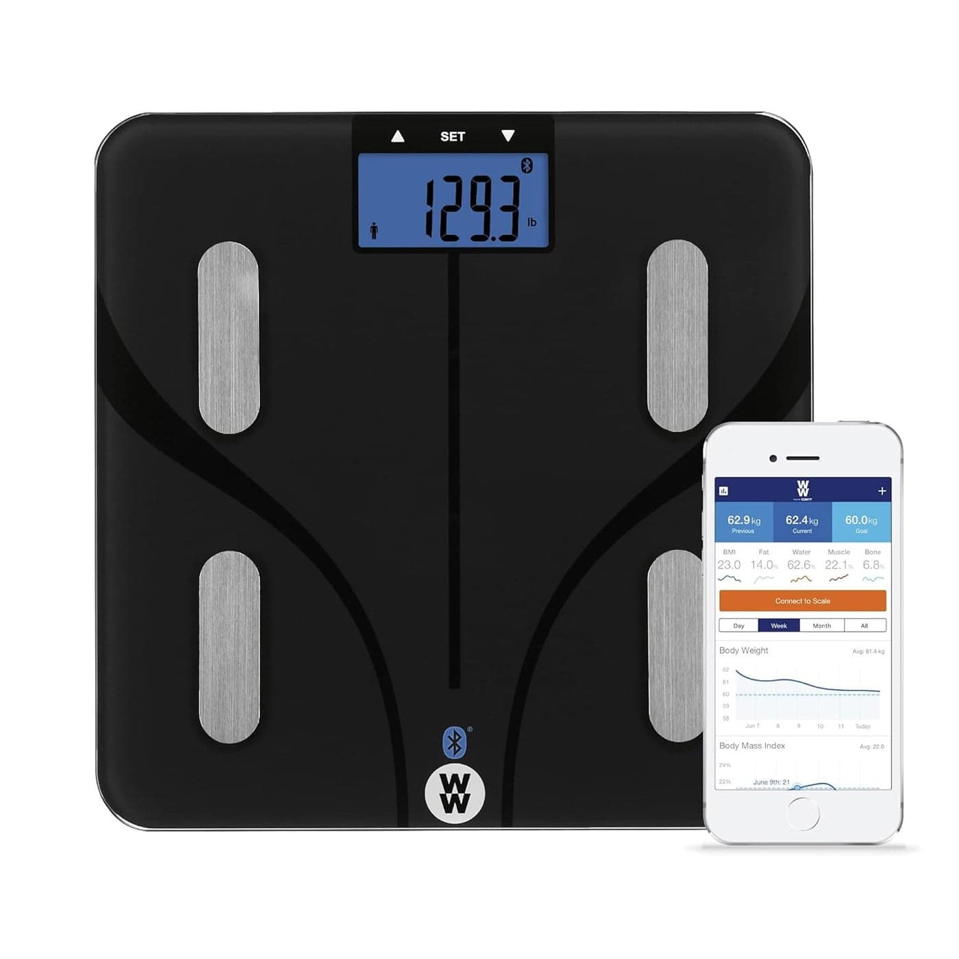 Weight Watchers Scales by Conair Smart Scale for Body Weight Digital Bluetooth Smart Bathroom Scale with Body Fat Muscle and BMI in Black