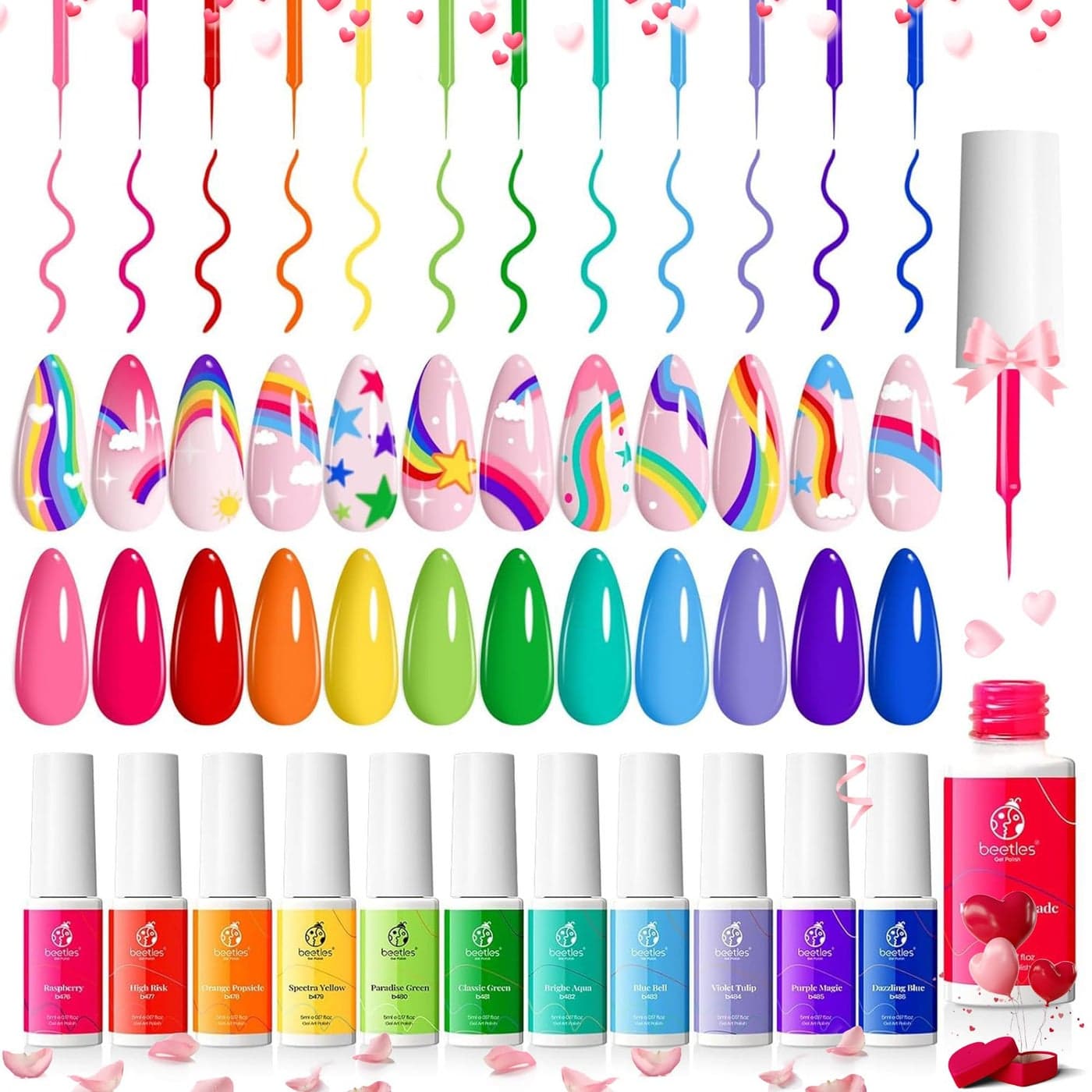 Beetles Summer Rainbow Nail Art Gel Liner Set 12 Colors Neon Gel Nails Polish Pink Orange Blue Yellow Swirl Nails Built Thin Nail Art Brush in Bottle Soak Off Uv Lamp Manicure Salon Gifts for Women