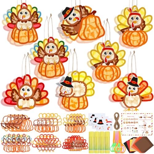 Motipuns 24 Sets Thanksgiving Turkey Ornaments Crafts Turkey Paper Suncatchers Thanksgiving Fall DIY Kit Pumpkin Crafts Decorations for Harvest Festival Activities