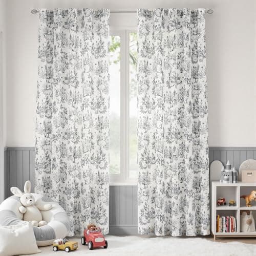jinchan Linen Nursery Curtains 84 inch Long Woodland Wildlife Black Print Drapes for Kids Room Light Filtering French Country Farmhouse Curtains with Bunny and Forest Design Set of 2 Panels