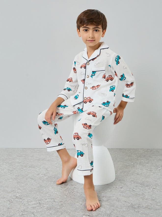 Boys Cotton Car Print Shirt And Pyjama Set