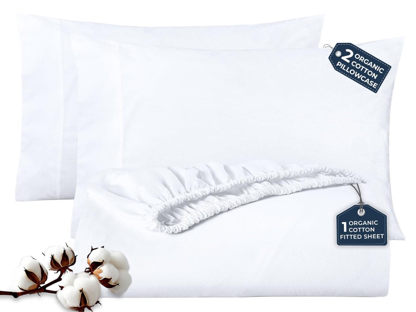 ROYALE LINENS Fitted Sheet with Pillowcases - Queen Fitted Sheets with 2 Pillowcases - 300 Thread Count 100% Organic Cotton - Fits Mattress Up to 18" Deep - Soft & Breathable - White (No Flat Sheet)
