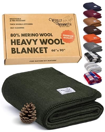 Woolly Mammoth Woolen Company Wool Blanket - 66 x 90 in, Moss, 80% Merino Wool - Camping Blankets for Cold Weather - Double-Stitched Durability for Overlanding, Hunting, Emergency Kits, Bushcraft