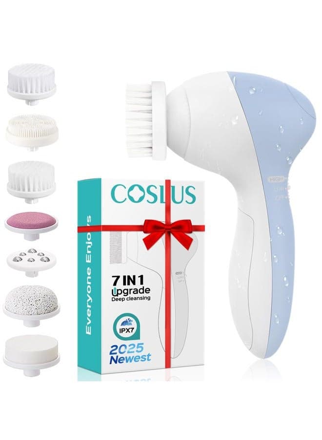 Facial Cleansing Brush Silicone Face Scrubber: 7 in 1 FBS-D Electric Exfoliating Rotating Massage Device Waterproof Deep Cleaning Exfoliation Spa Machine - Electronic Skin Care Wash System