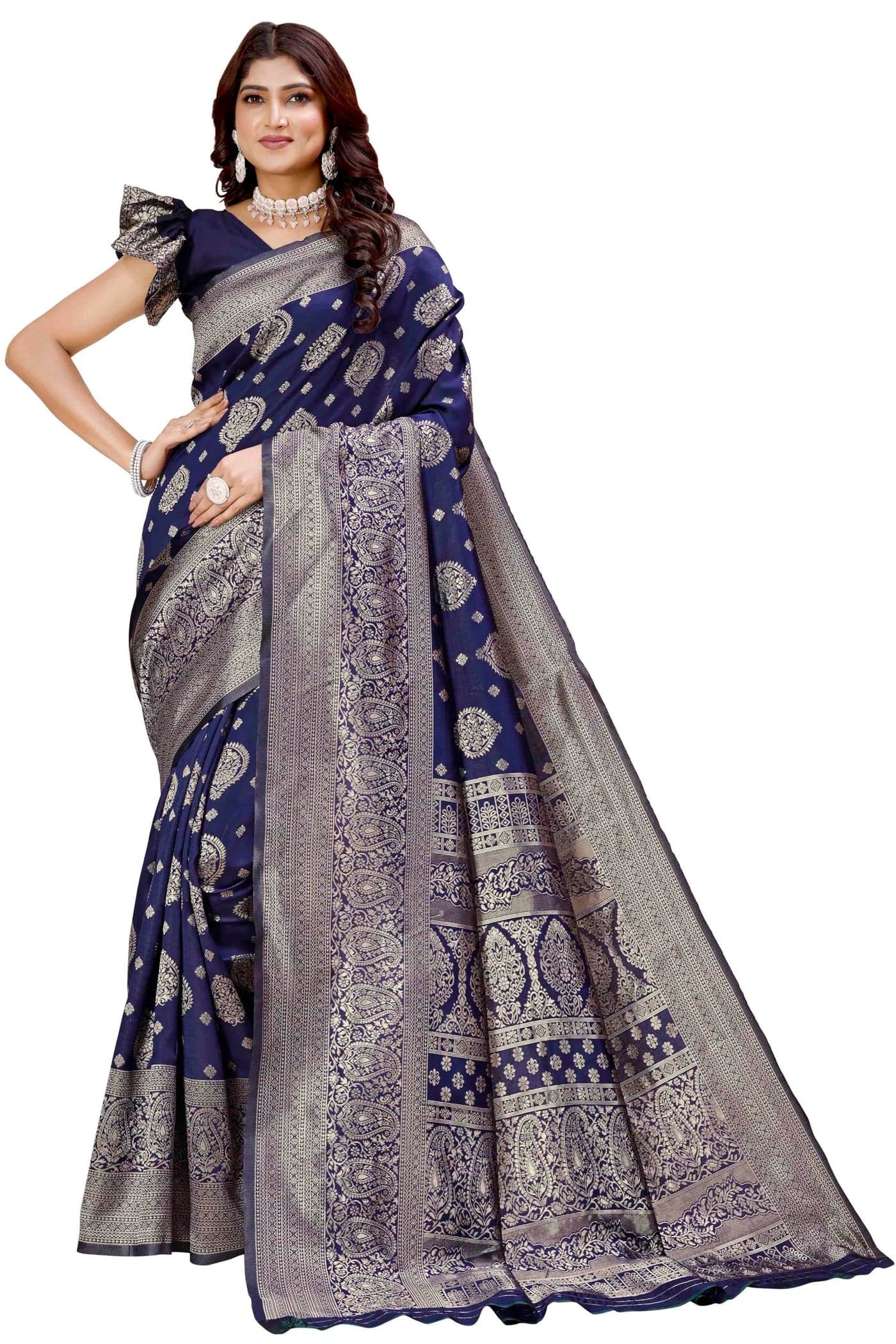 Shasmi Women's Banarasi Saree Pure Kanjivaram Silk Saree Soft new ladies 2025 Design Wear Pattu Sarees Latest Party Sari collections With Blouse Piece for Wedding sadi (PARI-218 NAVY BLUE)