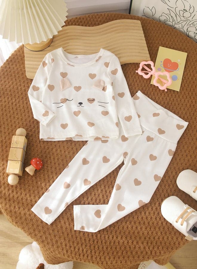 Girls White Heart Print T-Shirt And Pyjama Set