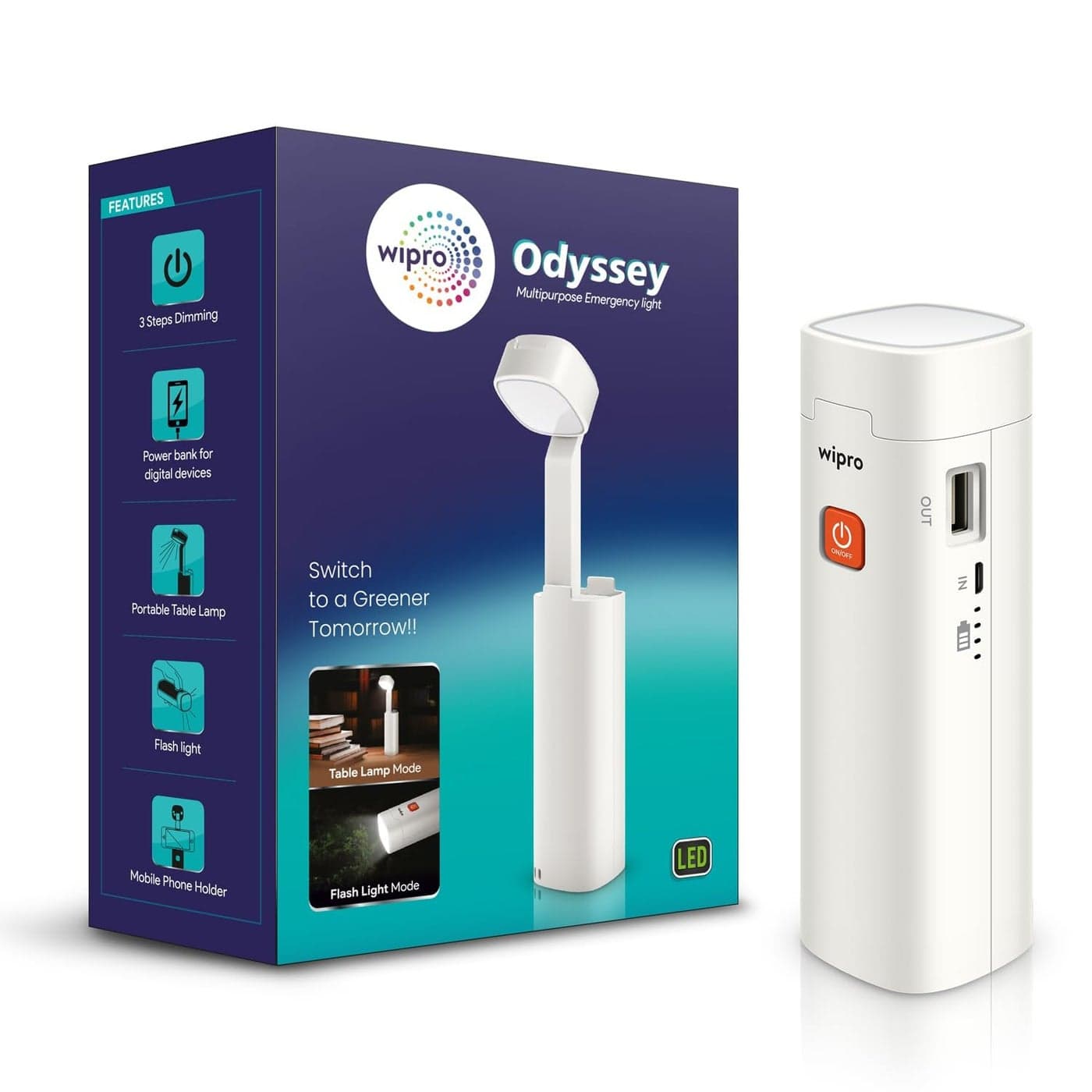 Wipro Odyssey Multifunctional Rechargeable LED Emergency Light Dual ModeTorch Table Lamp Portable Light 3Step Dimming 3000 Mah LiIon Battery inBuilt Power Bank White Pack of 1