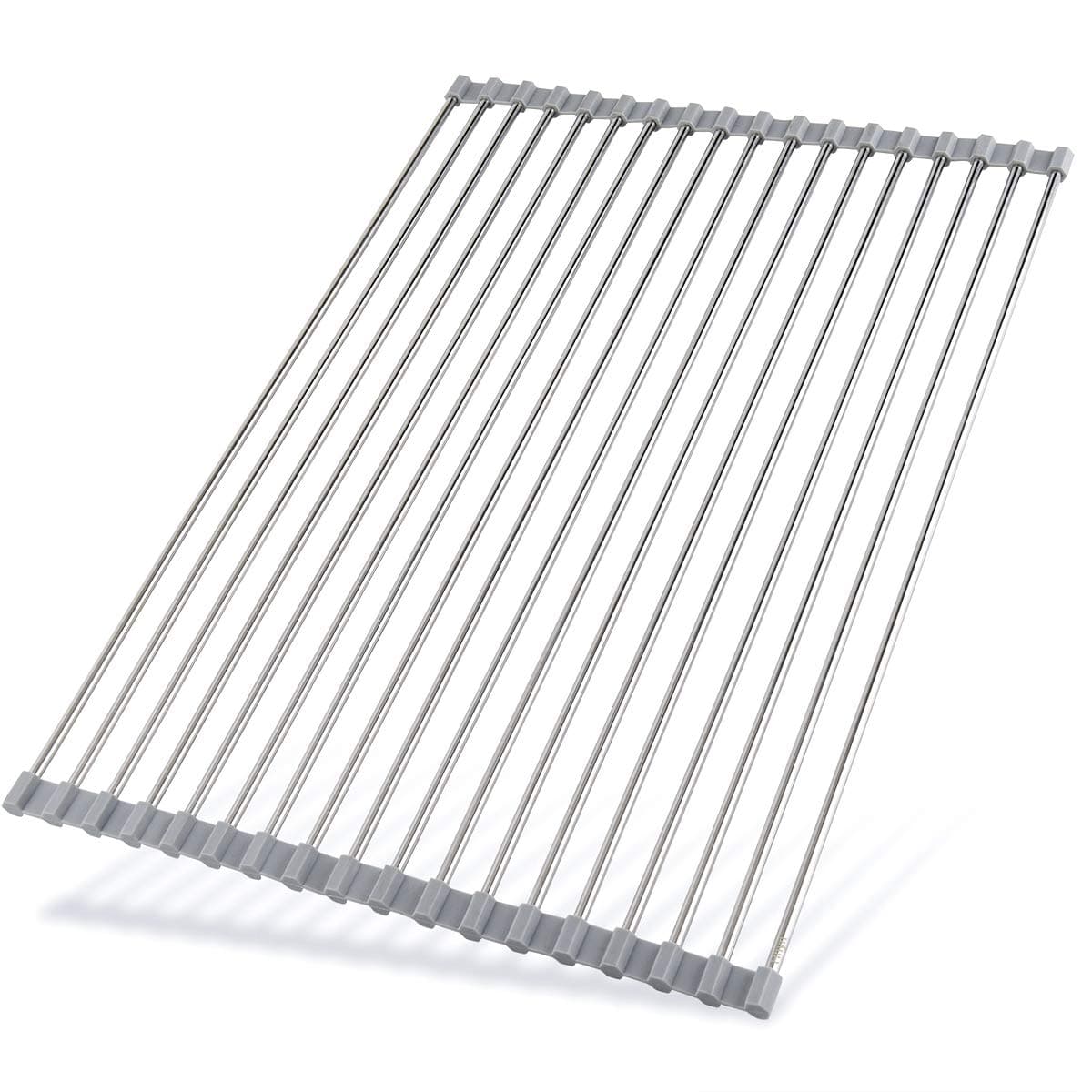 Hhyn Roll Up Dish Drying Rack 205L x 138W Stainless Steel and Silicone Dish Drying Mat Over The Sink Foldable Drain Rack Multipurpose Dish Drainer Extra Large Gray