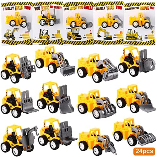 Roowest 24 Set Valentines Day Gifts for Kids Bulk Construction Vehicle Valentines Card Pull Back Construction Truck Toy with Card for Girl Boy School Classroom Preschool Exchange Gifts Party Favor