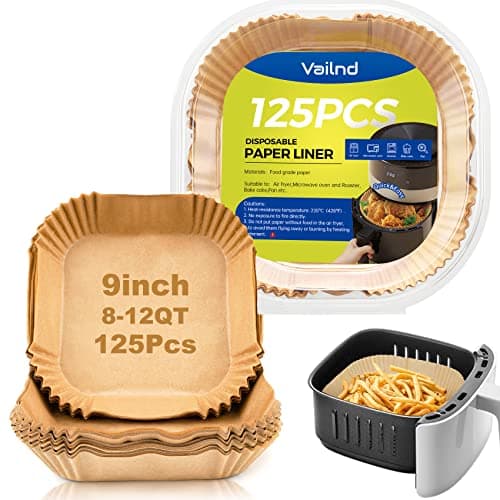 Vailnd 9inch Square Air Fryer Disposable Paper Liners 125PCS NonStick Food Grade Air Fryer Parchment Liner Oil Resistant Waterproof Food Grade Baking Paper for 812 QT Air Fryer Microwave