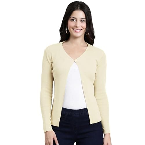 ICW Women's Acrylic Knitted Ribbed Cardigan Front-Open Top Full Sleeve Shrug Jacket for Girls ((ONE Size XS-S-M-L)(Bust Size 30-38 Inch) (in, Alpha, L, Regular, Beige)