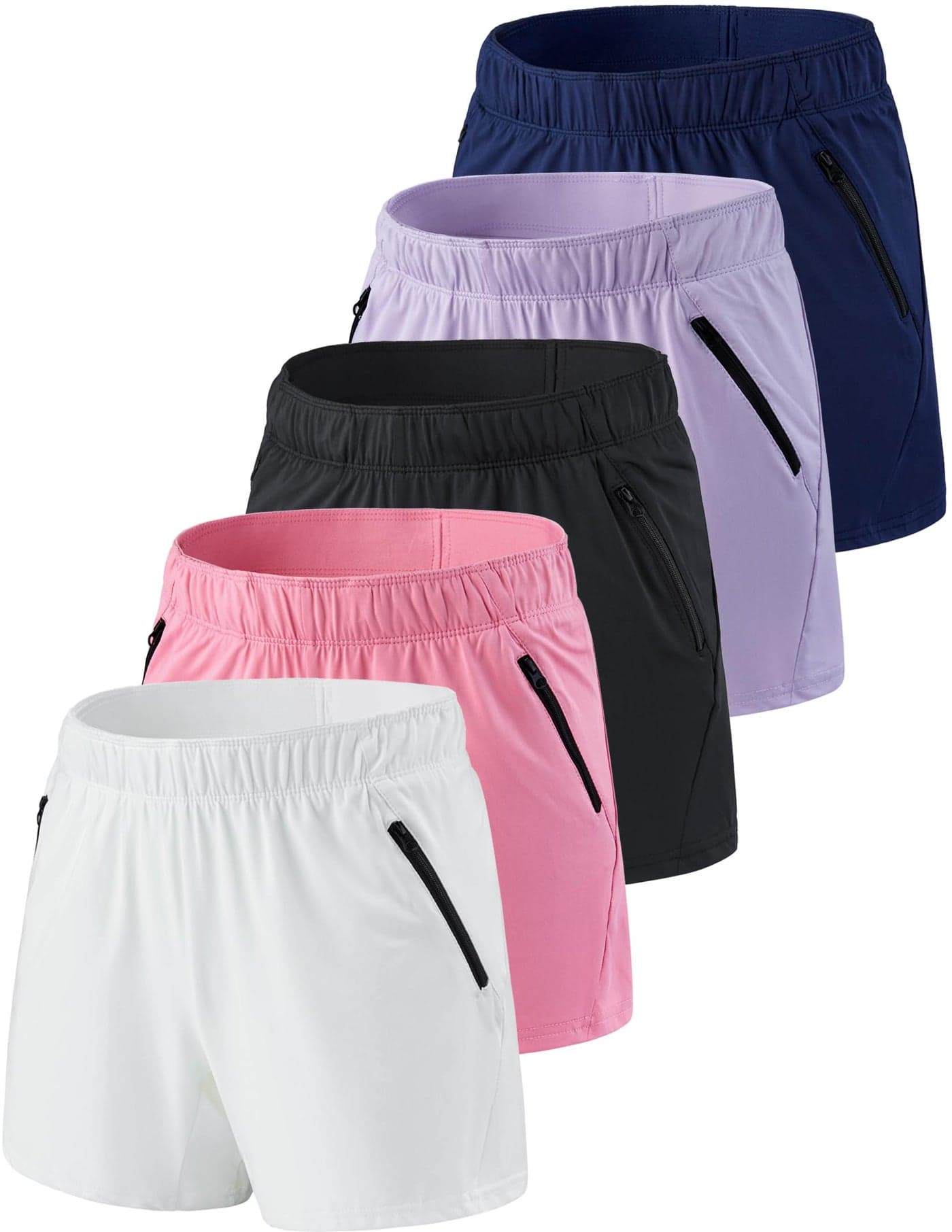 5 Pack: Womens Workout Gym Shorts Casual Lounge Set, Ladies Active Athletic Apparel with Zipper Pockets (Set 4, Medium)