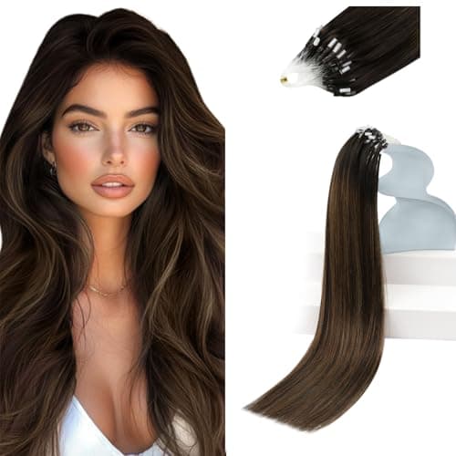Sunny Hair 18 Inch Micro Bead Hair Extensions Real Human Hair, Brown Ombre Balayage with Medium Brown, 50g Microlink Strands, Adds Natural Volume for Weddings and Professional Events