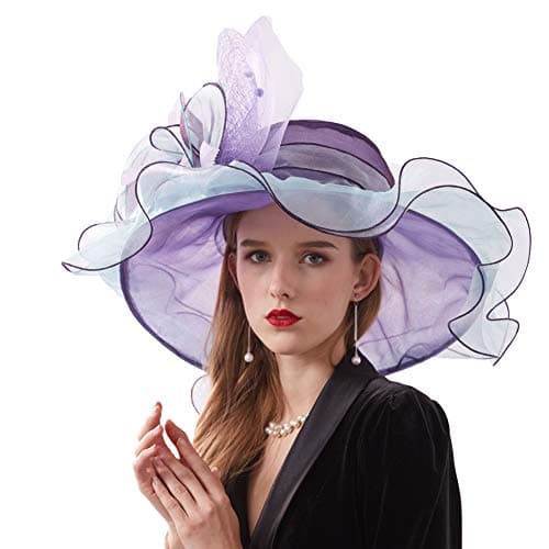 Women Organza Church Derby Hat Wide Brim Sun Hats for Wedding Tea Party Fascinator Hat with Detachable hat Flower as Headgear Blue