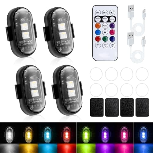 Mcbazel 4 Pcs Wireless Rechargeable Magnetic LED Strobe Lights 8Colors USB Waterproof AntiCollision LED Car Flashing Warning Light with Remote Control for Cars RC Cars Bikes Motorcycles