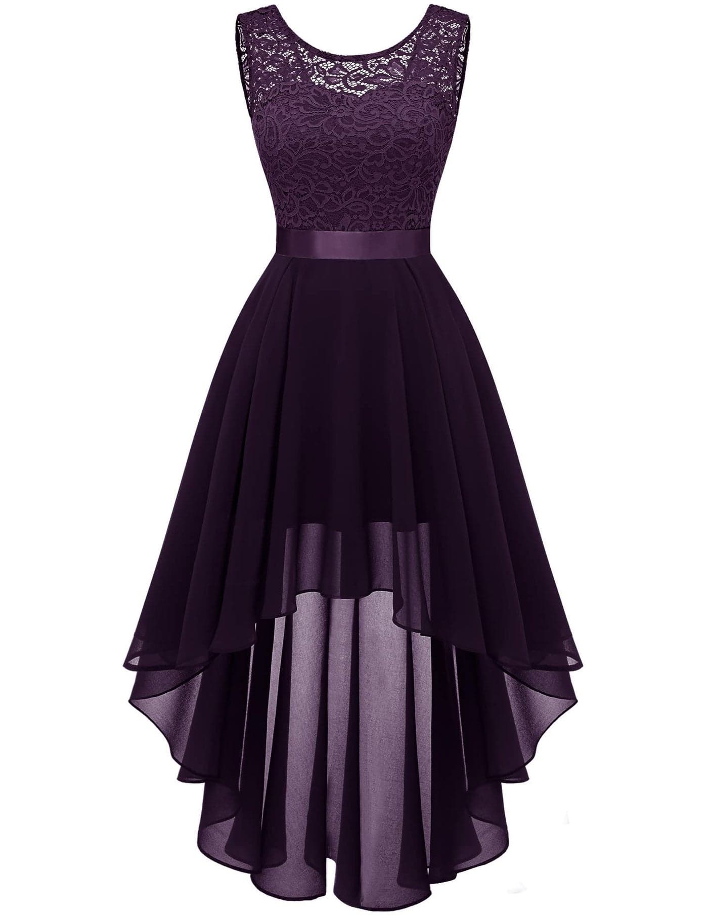 BeryLove Formal Dresses for Women Homecoming Wedding Guest Cocktail Vacation Prom Dress for Teens Sleeveless Lace Chiffon Floral Bridesmaid High Low Elegant Midi Gowns 35 Grape L