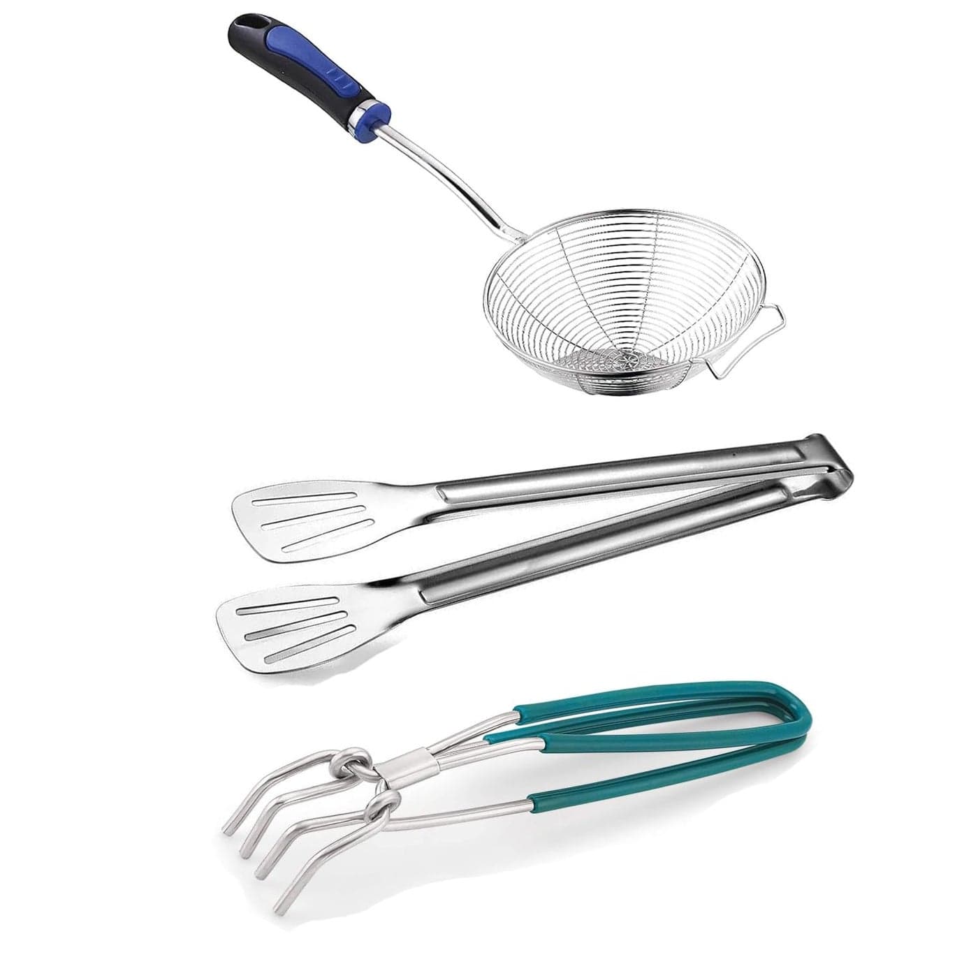 PUTHAK Frying Strainer Puri jhara deep Fry Oil Strainer Stainless Steel Pakkad Sandasi Wire Tong Tongs for Kitchen Stainless Steel Utility Frying Cooking Serving Food Kitchen Grill Combo of 3