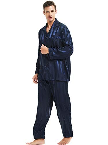 Mens Silk Satin Pajamas Set Sleepwear Loungewear Navy Blue 3XL