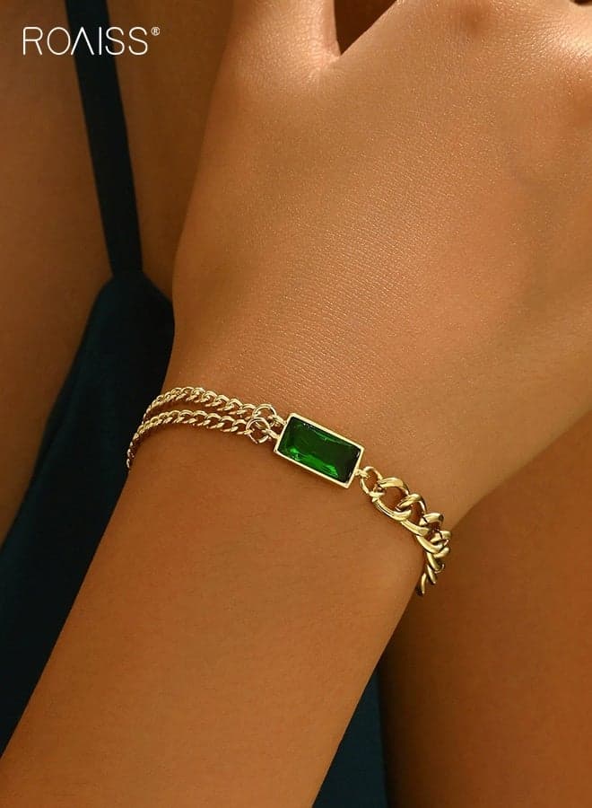 Birthstone Bracelet for Women, Gold Plated Double Strand Jewelry Bracelet, Women Dainty Emerald Stackable Bracelets with Adiustable Chain, Jewelry Gift for Valentines Day for Ladies Wife Girlfriend