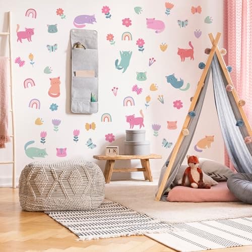 Cat Wall Decals Girl Nursery Decor Colorful Pet Cat Butterfly Rainbow DecalRemovable Vinyl Art Murals for Living Room Baby Rooms Bedroom Toilet House Wall DIY Decoration