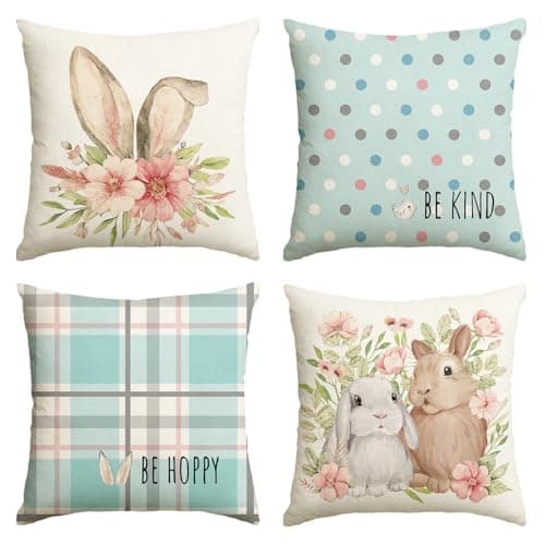 AVOIN colorlife Easter Rabbit Flower Buffalo Plaid Be Hoppy Bule Throw Pillow Cover 18 x 18 Inch Polka Dot Bird Be Kind Cushion Case Decoration for Sofa Couch Set of 4