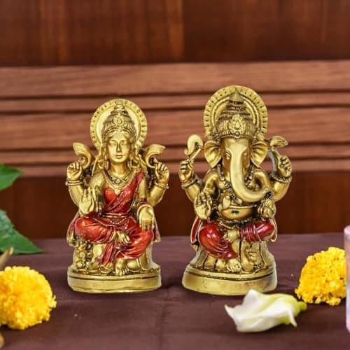 TIED RIBBONS Polyresin Laxmi Ganesh Statue Idol Murti Figurine (9.1 x 4.3 cm) Puja Room Mandir Temple Office Desk Table Home Decor Decoration Item and Gifts, Gold