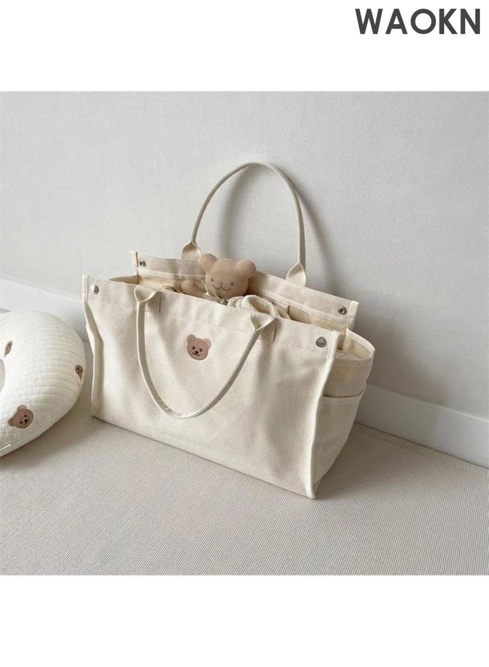 Cute Bear Canvas Diaper Bags , Large Capacity Baby Bag for Mother and daddy ,Tote Bag Mommy Bag with Multi Pockets for Baby Women and men Travel ,Portable and easy to carry , easy to clear , unisex ,beige .