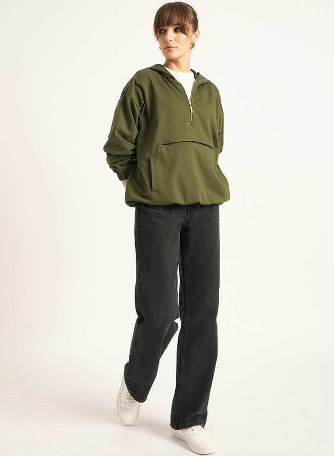 Olive Half Zip Up Terry Hoodie