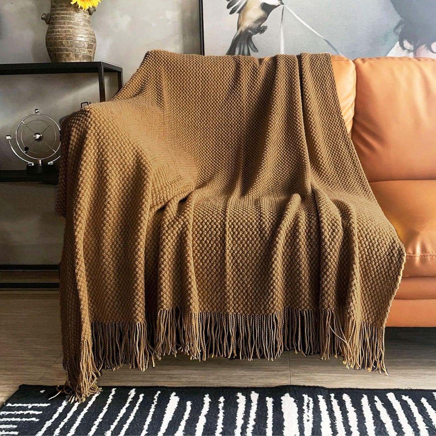 LOMAO Knitted Throw Blanket with Tassels Bubble Textured Lightweight Throws for Couch Cover Home Decor Khaki 60x80