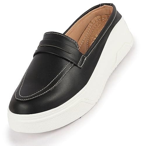 FAUSTO FST FJDWC-7007 BLACK-38 Women's Black Outdoor Fashion Stitched Strap Open Back Platform Heel Slip On Casual Shoes (5 UK)