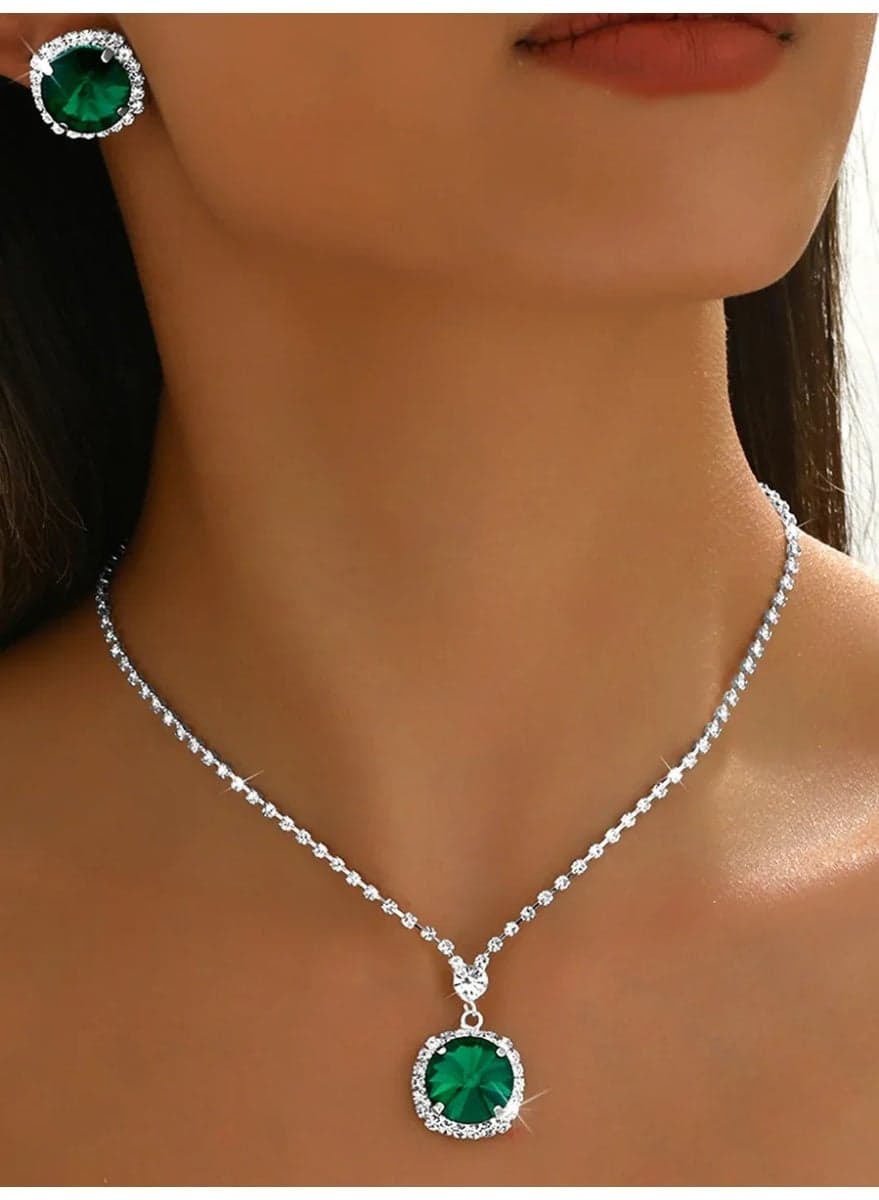 Emerald Green Jewelry Sets for Women, Necklace and Earring Sets for Ladies, Silver and Green Round Pendant Necklace and Earings for Wedding Prom, Anniversary